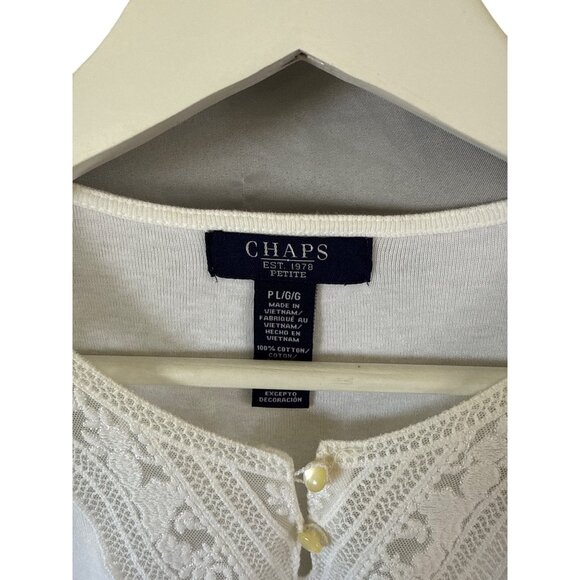 Chaps White Cotton Lace Trim Crochet Top Pearl Buttons 3/4 Sleeve Petite PL - Picture 3 of 7